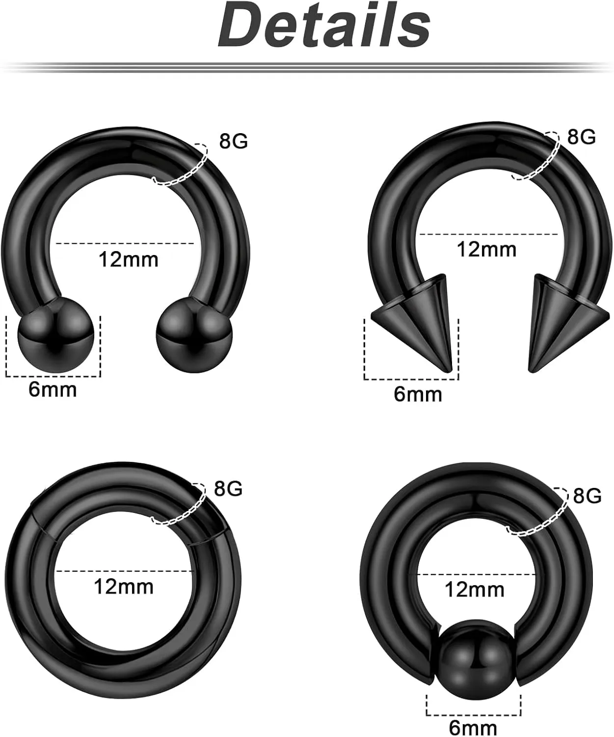 ONESING 4Pcs 8G Septum Ring Kit - Surgical Steel Stretched Piercing Jewelry for Lip, Nose, Helix, Tragus - Hoop Earrings for Women Men, Silver 12mm