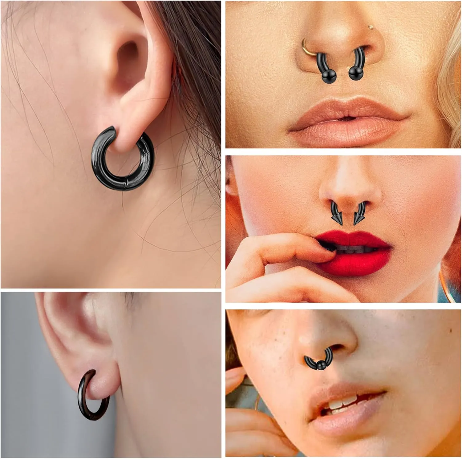 ONESING 4Pcs 8G Septum Ring Kit - Surgical Steel Stretched Piercing Jewelry for Lip, Nose, Helix, Tragus - Hoop Earrings for Women Men, Silver 12mm
