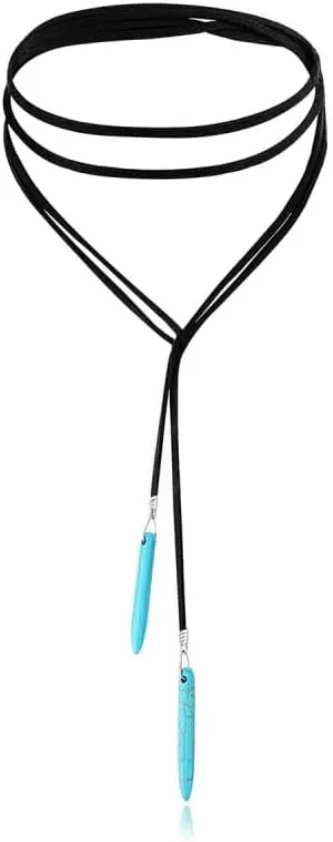 ONLYJUMP Boho Turquoise Leather Choker Necklace for Women Bohemian Handmade Leaf Layered Black Brown Suede Western Cowlady Necklace Western Country Party Jewelry Gifts