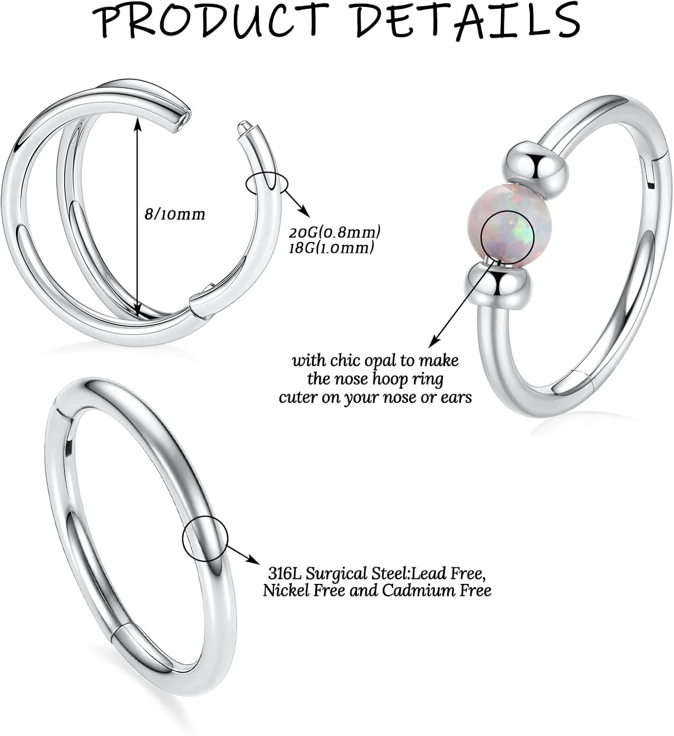 Opal Nose Hoop Rings 18G 20G Double Nose Hoops 316L Surgical Steel Nose Piercing Jewelry 3 PCS Lip Jewelry Septum Ring Cartilage Helix Conch Hoop Earrings Daith Rook Tragus Piercing Jewelry 8mm 10mm