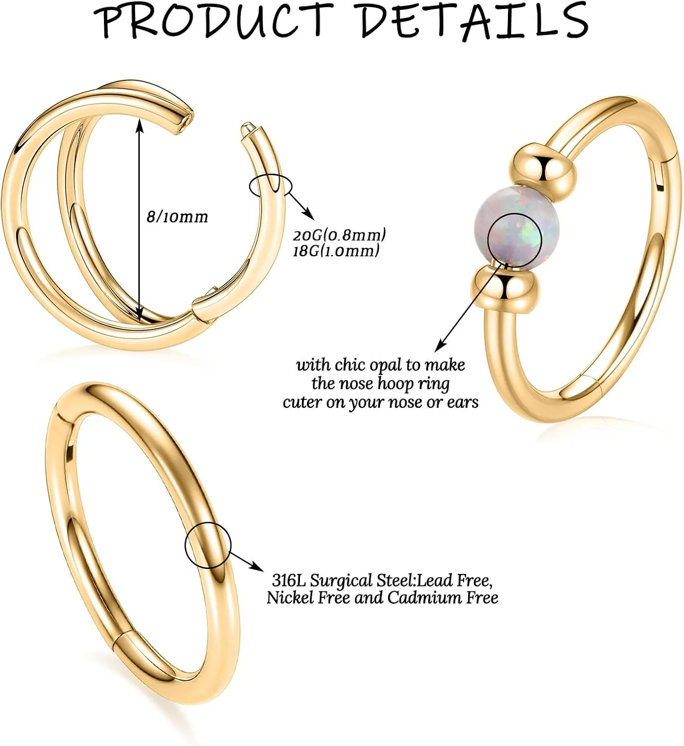 Opal Nose Hoop Rings 18G 20G Double Nose Hoops 316L Surgical Steel Nose Piercing Jewelry 3 PCS Lip Jewelry Septum Ring Cartilage Helix Conch Hoop Earrings Daith Rook Tragus Piercing Jewelry 8mm 10mm