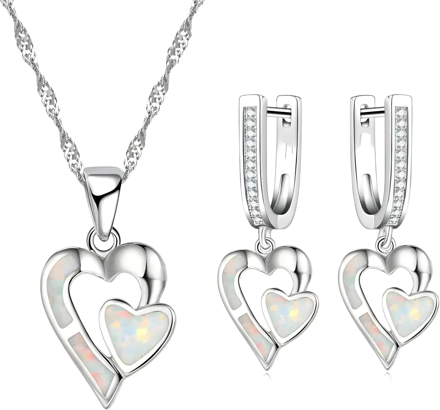 Opal set VanThai Le - Romantic Double Heart Imitation Blue Fire Opal Pendant Necklace Earrings For Women Wedding Band Jewelry Accessories Set