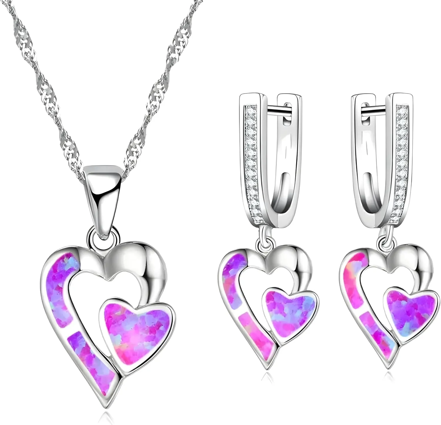 Opal set VanThai Le - Romantic Double Heart Imitation Blue Fire Opal Pendant Necklace Earrings For Women Wedding Band Jewelry Accessories Set