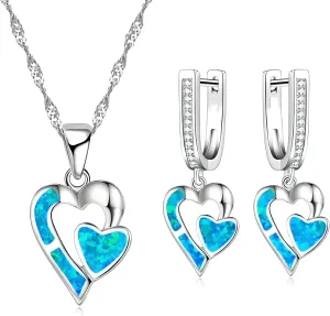 Opal set VanThai Le - Romantic Double Heart Imitation Blue Fire Opal Pendant Necklace Earrings For Women Wedding Band Jewelry Accessories Set