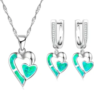 Opal set VanThai Le - Romantic Double Heart Imitation Blue Fire Opal Pendant Necklace Earrings For Women Wedding Band Jewelry Accessories Set