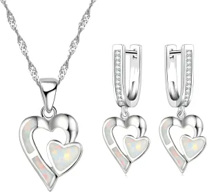 Opal set VanThai Le - Romantic Double Heart Imitation Blue Fire Opal Pendant Necklace Earrings For Women Wedding Band Jewelry Accessories Set