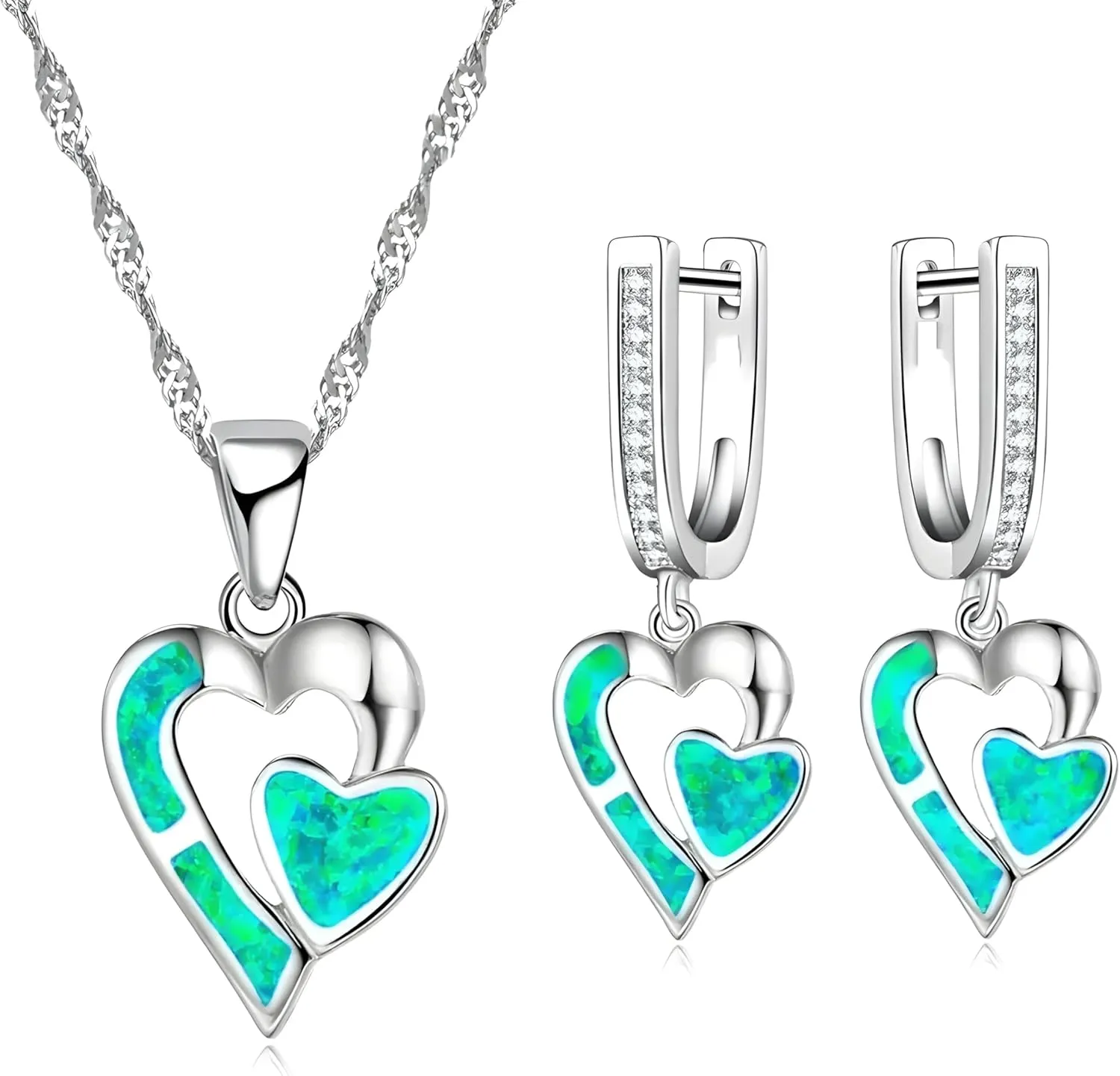 Opal set VanThai Le - Romantic Double Heart Imitation Blue Fire Opal Pendant Necklace Earrings For Women Wedding Band Jewelry Accessories Set