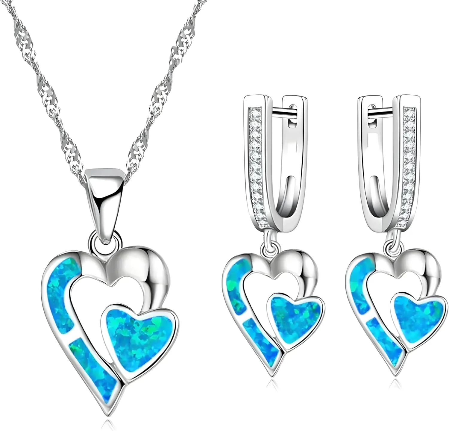 Opal set VanThai Le - Romantic Double Heart Imitation Blue Fire Opal Pendant Necklace Earrings For Women Wedding Band Jewelry Accessories Set