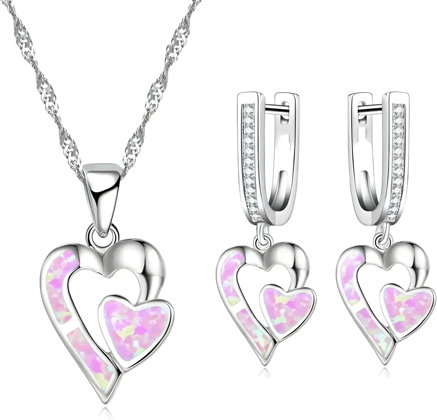 Opal set VanThai Le - Romantic Double Heart Imitation Blue Fire Opal Pendant Necklace Earrings For Women Wedding Band Jewelry Accessories Set