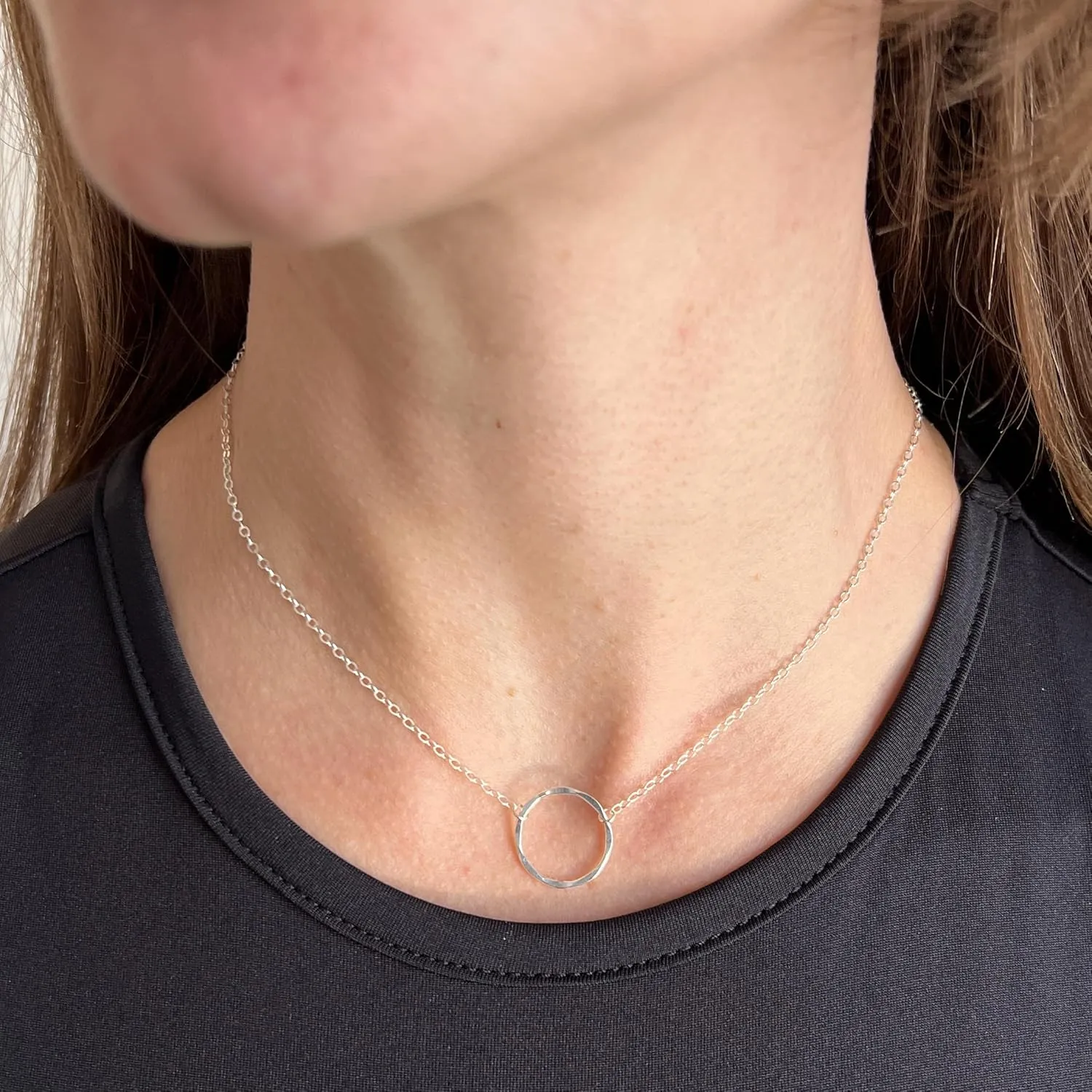 Open Circle Necklace for Women, 14k Gold Filled or Sterling Silver O Ring, Karma or Eternity Choker Layering, Layered Stacked Adjustable Length (Silver, 15-17 inches)