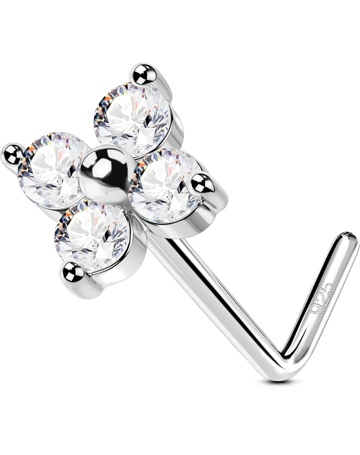 OUFER 20G Nose Studs, 925 Sterling Silver Nose Rings for Women, Clear CZ Nose Rings Studs, Bone L-Shaped Nose Piercings, Nose Nostril Piercing Jewelry