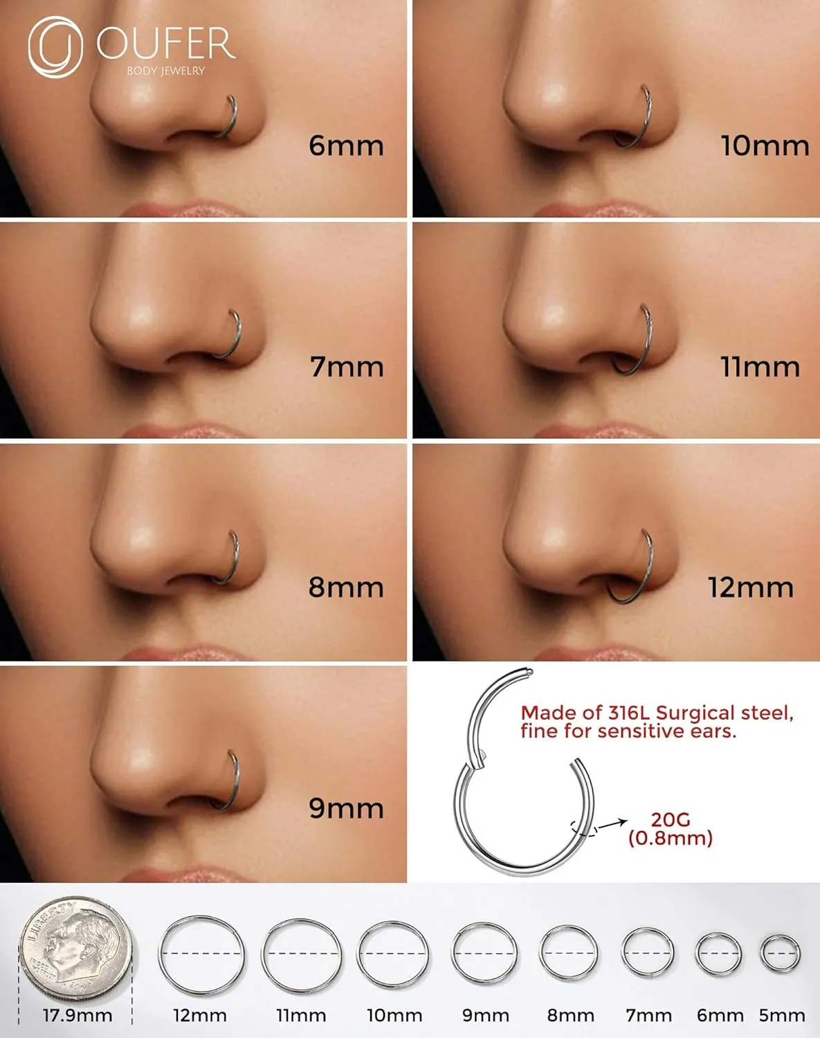 OUFER 20G/16g Nose Rings Hoops, 316L Surgical Steel Hinged Segment Nose rings for Women Men, Septum Lip Rings, Cartilage Helix Daith Tragus Rook Conch Ear Lobe Piercing Jewelry-6mm 7mm 8mm 9mm 10mm