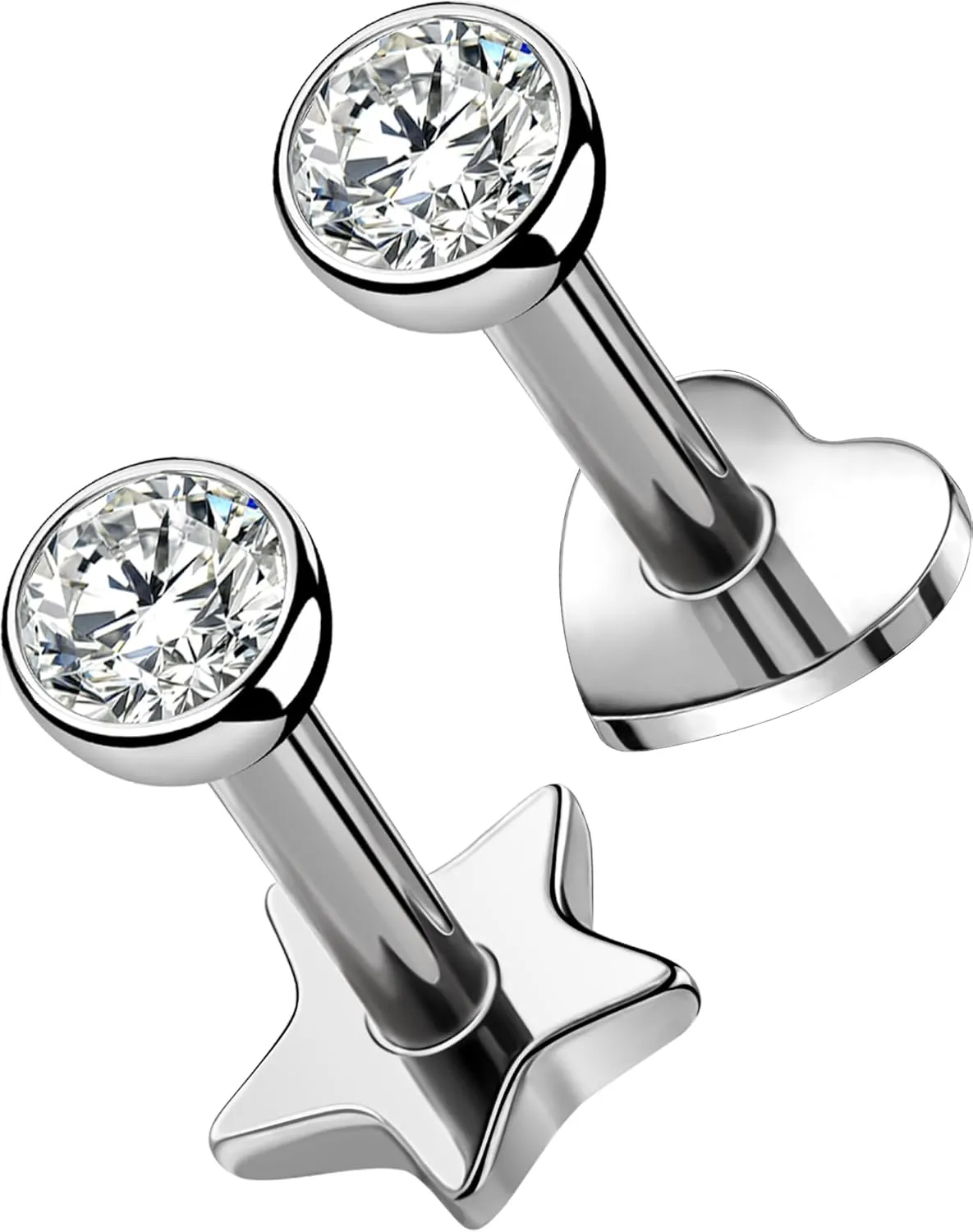 OUFER 2Pcs 16G G23 Titanium Threadless Stud Earrings Flat Back Star Heart Shape Tiny CZ Small Helix Cartilage Tragus Conch Lobe Labret Medusa Piercing Jewelry for Women Men