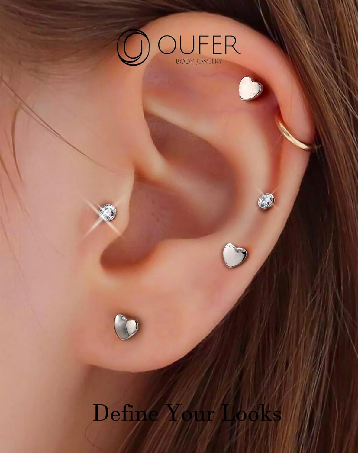 OUFER 2Pcs 16G G23 Titanium Threadless Stud Earrings Flat Back Star Heart Shape Tiny CZ Small Helix Cartilage Tragus Conch Lobe Labret Medusa Piercing Jewelry for Women Men