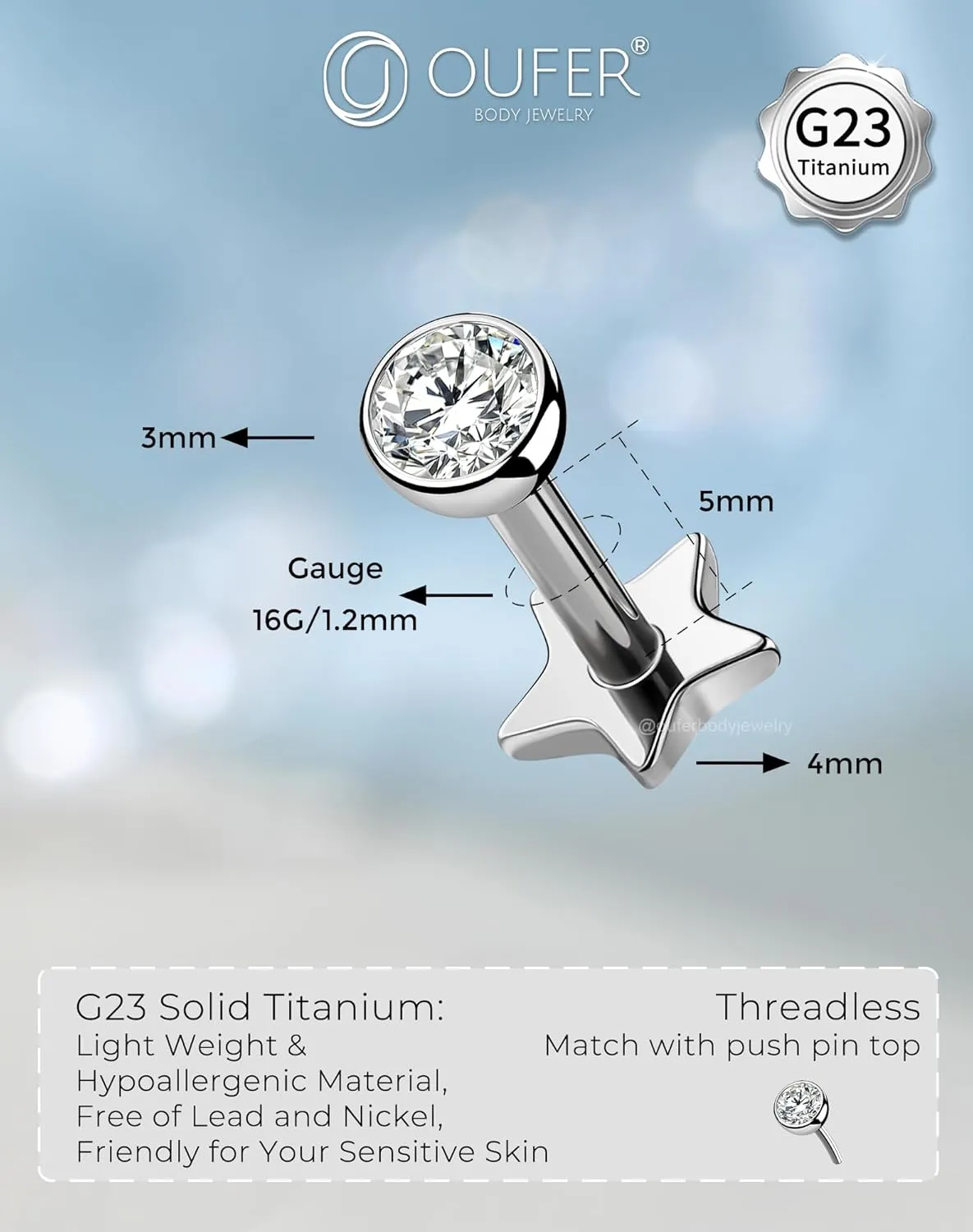 OUFER 2Pcs 16G G23 Titanium Threadless Stud Earrings Flat Back Star Heart Shape Tiny CZ Small Helix Cartilage Tragus Conch Lobe Labret Medusa Piercing Jewelry for Women Men
