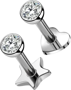 OUFER 2Pcs 16G G23 Titanium Threadless Stud Earrings Flat Back Star Heart Shape Tiny CZ Small Helix Cartilage Tragus Conch Lobe Labret Medusa Piercing Jewelry for Women Men