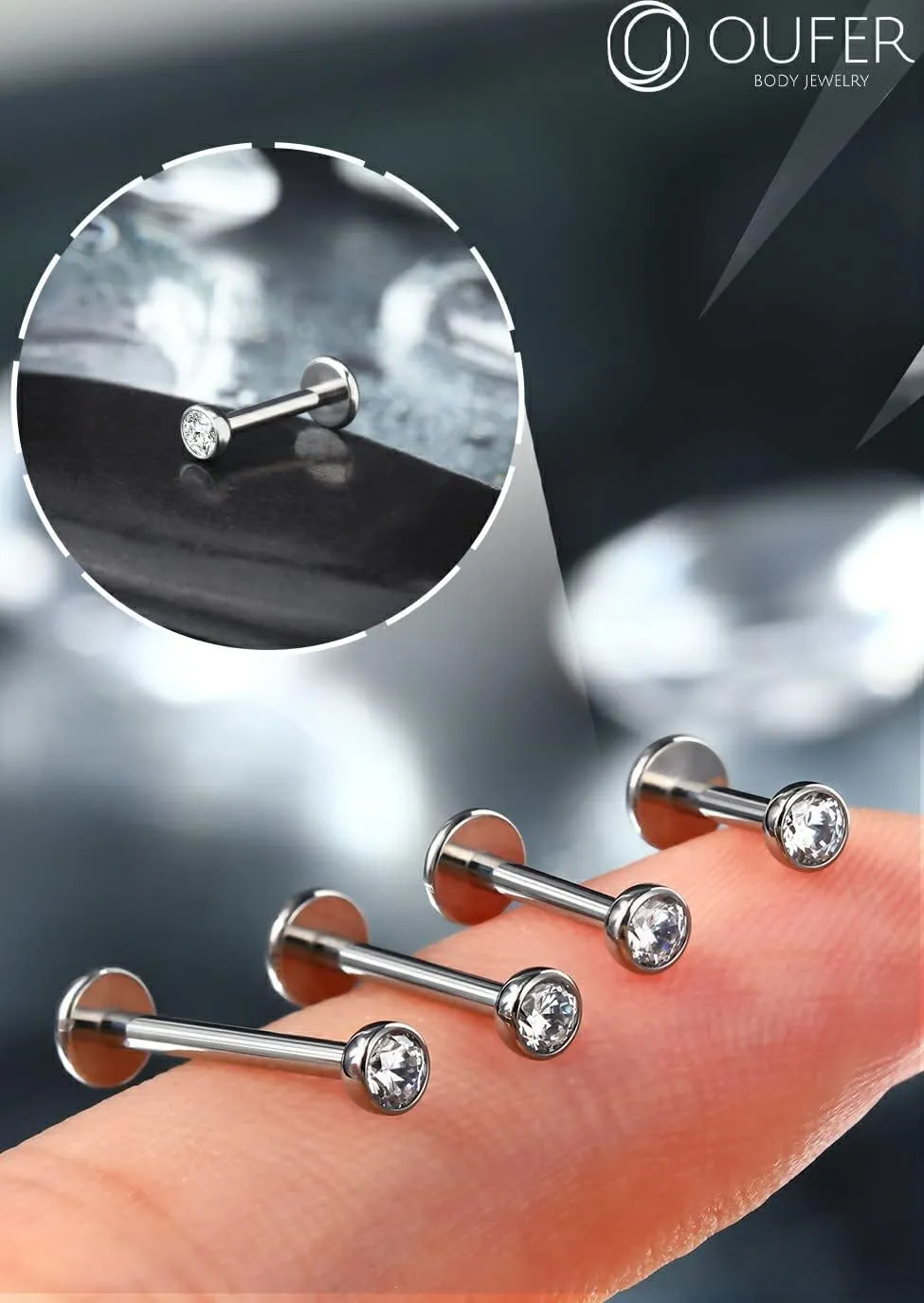 OUFER 2Pcs 20G/18G/16G G23 Titanium Threadless Nose Stud Earrings Flat Back Tiny CZ Small Nose Helix Cartilage Tragus Conch Labret Medusa Monroe Piercing Jewelry for Women Men