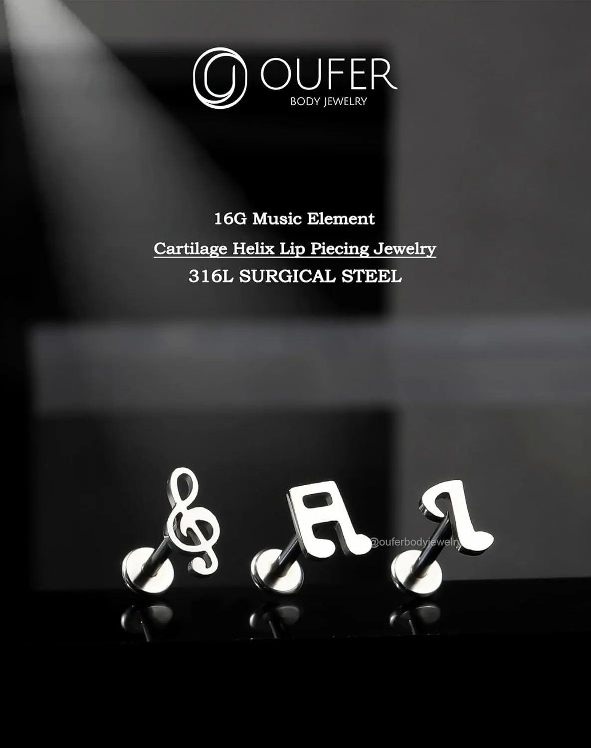 OUFER 3Pcs Helix Piercing Jewelry, Music 316L Stainless Steel Cartilage Earring Flat Back, Internally Threaded 16G Silver Tragus Conch Labret Medusa Piercing Jewelry for Women Men