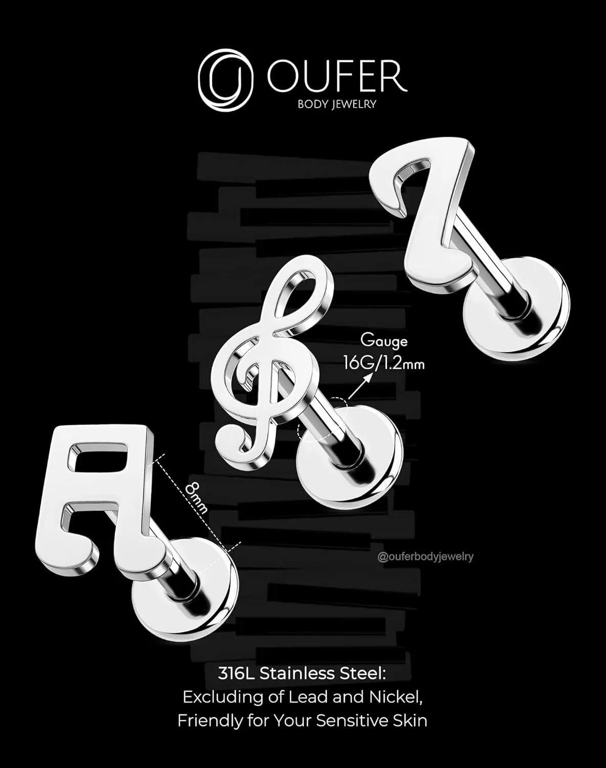 OUFER 3Pcs Helix Piercing Jewelry, Music 316L Stainless Steel Cartilage Earring Flat Back, Internally Threaded 16G Silver Tragus Conch Labret Medusa Piercing Jewelry for Women Men