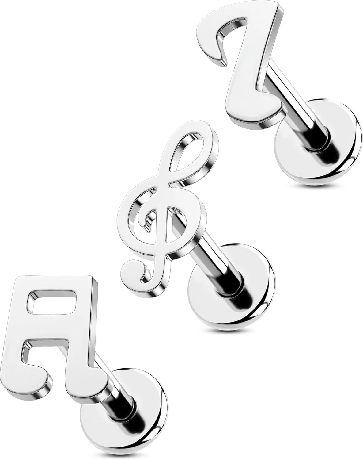 OUFER 3Pcs Helix Piercing Jewelry, Music 316L Stainless Steel Cartilage Earring Flat Back, Internally Threaded 16G Silver Tragus Conch Labret Medusa Piercing Jewelry for Women Men