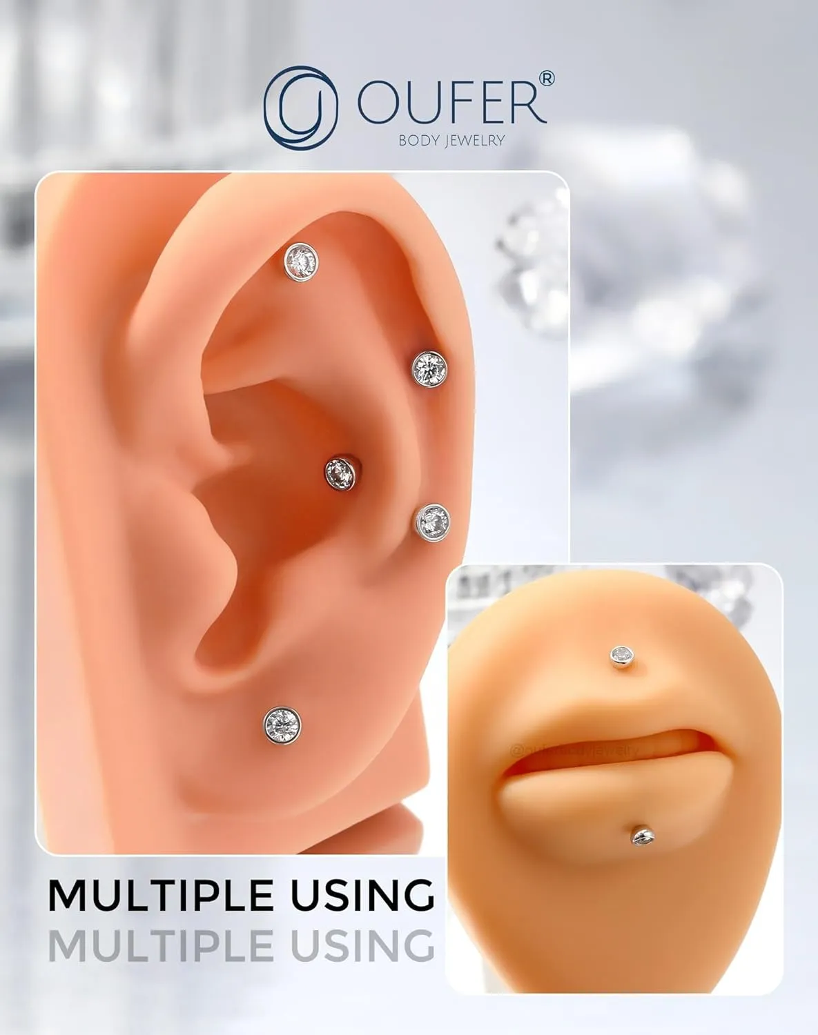 OUFER 925 Sterling Silver Helix Earrings Studs, 16G Flat Back Earrings, Silver Internally Threaded Cartilage Earrings Stud, Clear CZ Lip Rings, Ear Piercing Jewelry for Women Men-6mm