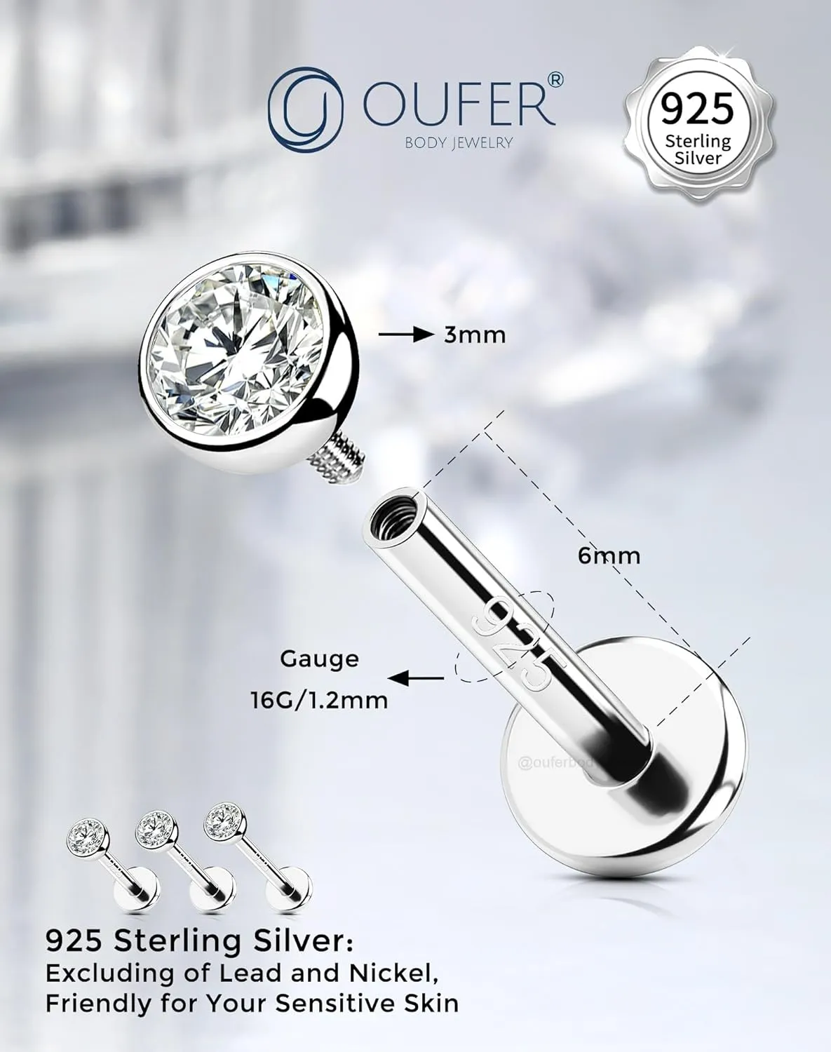 OUFER 925 Sterling Silver Helix Earrings Studs, 16G Flat Back Earrings, Silver Internally Threaded Cartilage Earrings Stud, Clear CZ Lip Rings, Ear Piercing Jewelry for Women Men-6mm