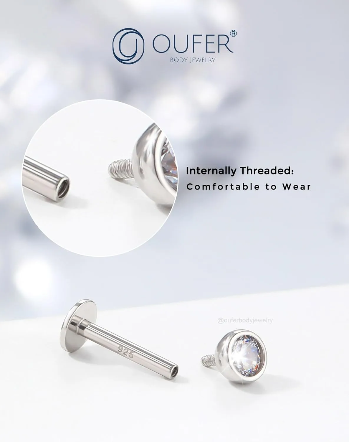 OUFER 925 Sterling Silver Helix Earrings Studs, 16G Flat Back Earrings, Silver Internally Threaded Cartilage Earrings Stud, Clear CZ Lip Rings, Ear Piercing Jewelry for Women Men-6mm