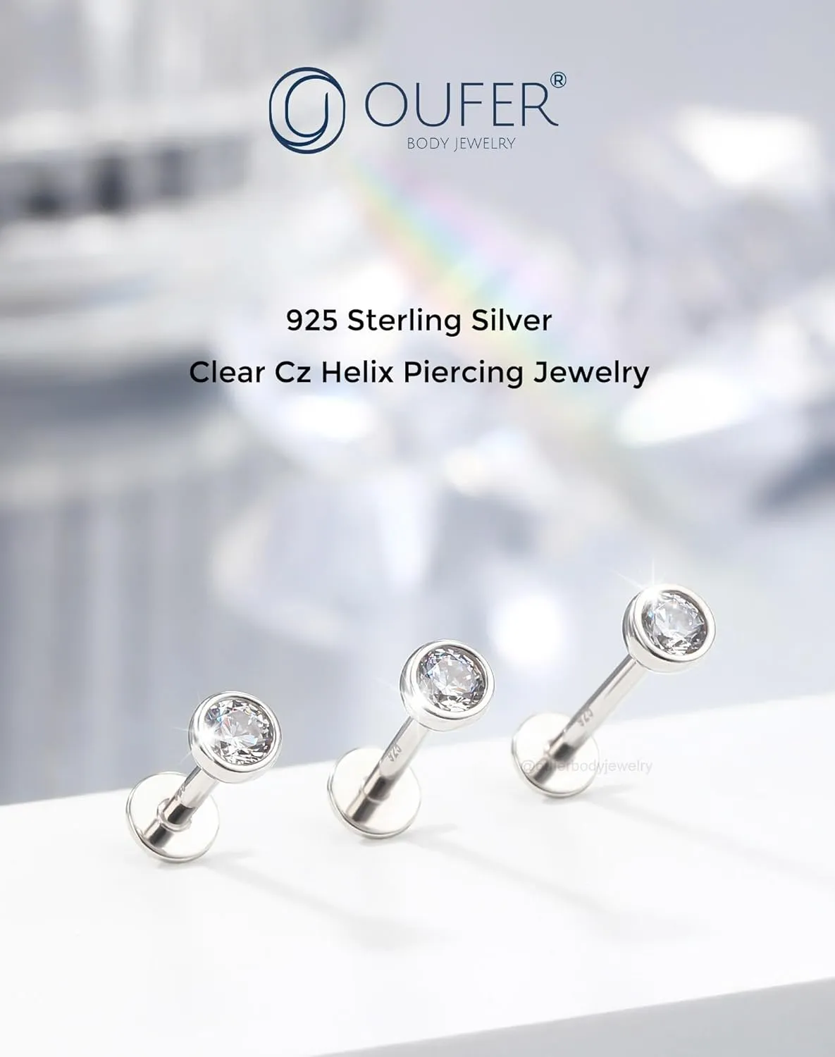 OUFER 925 Sterling Silver Helix Earrings Studs, 16G Flat Back Earrings, Silver Internally Threaded Cartilage Earrings Stud, Clear CZ Lip Rings, Ear Piercing Jewelry for Women Men-6mm