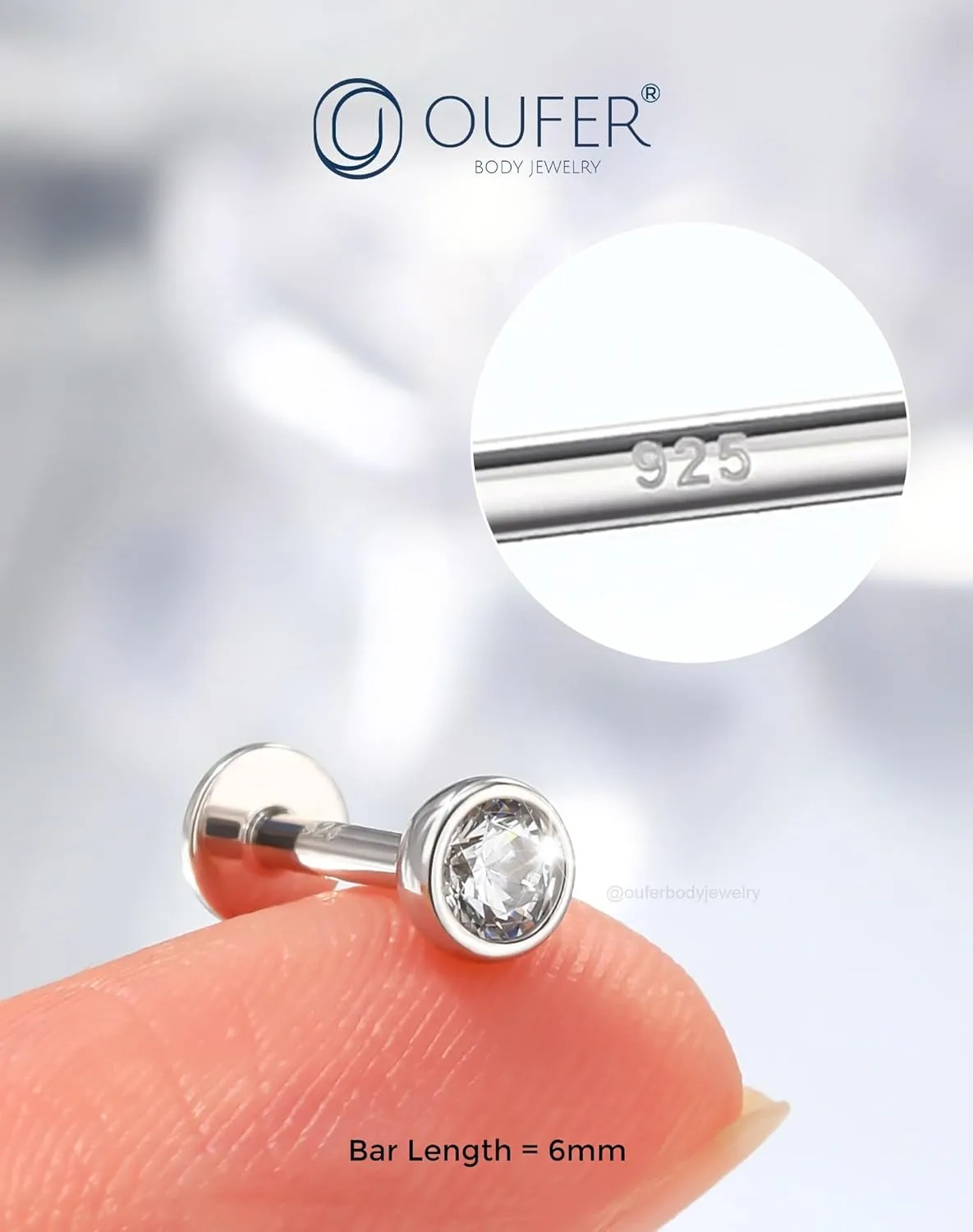 OUFER 925 Sterling Silver Helix Earrings Studs, 16G Flat Back Earrings, Silver Internally Threaded Cartilage Earrings Stud, Clear CZ Lip Rings, Ear Piercing Jewelry for Women Men-6mm