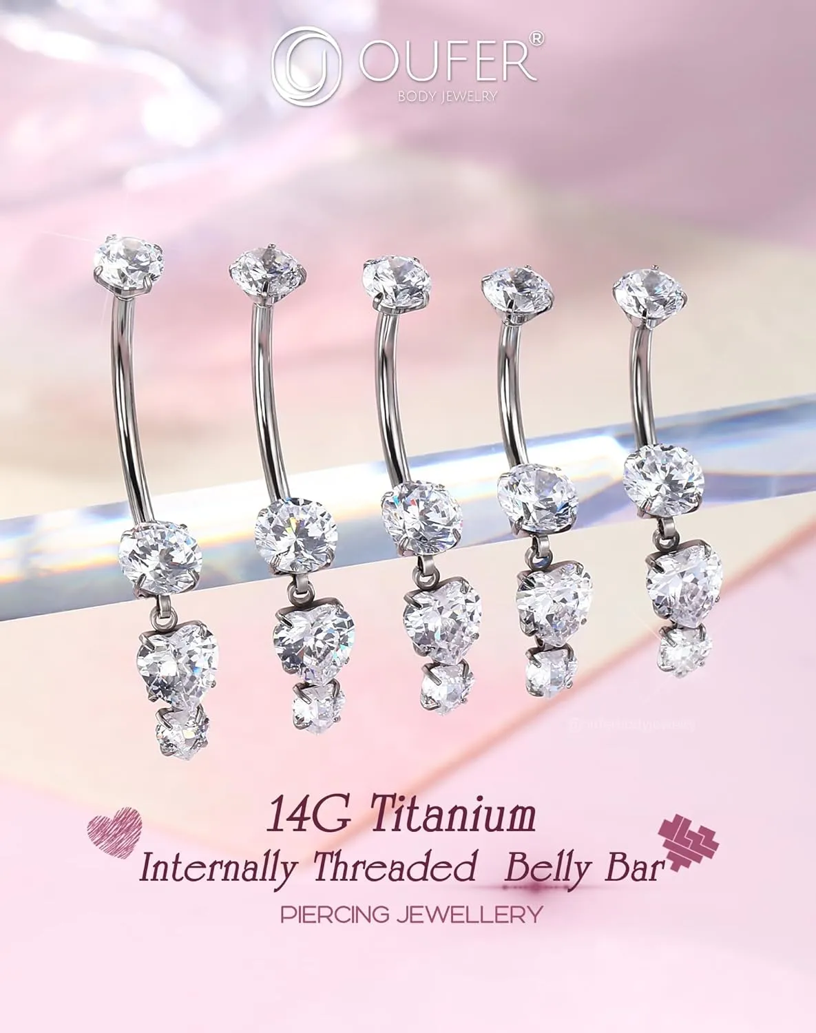 OUFER Belly Button Rings, G23 Solid Titanium Internally Threaded Belly Rings, 14G Heart Shaped Pendant Belly Button Piercing, Clear CZ Pendant Navel Piercing Jewelry For Women