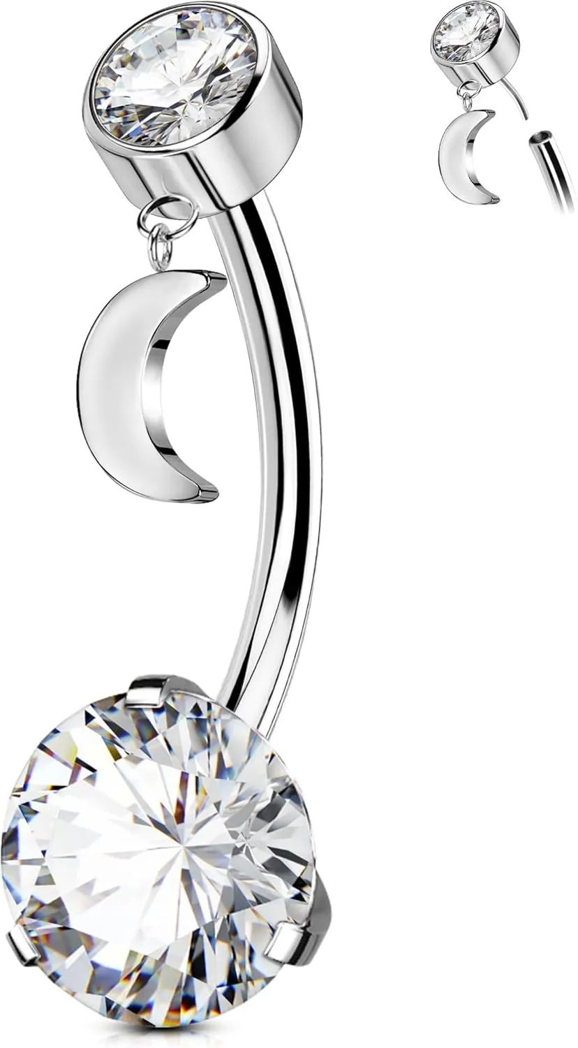 OUFER Belly Button Rings, Threadless Push In Belly Rings For Women, G23 Solid Titanium Dangle Moon Belly Piercing Jewelry, Clear CZ Navel Piercing Jewelry, Long Belly Piercing Jewelry