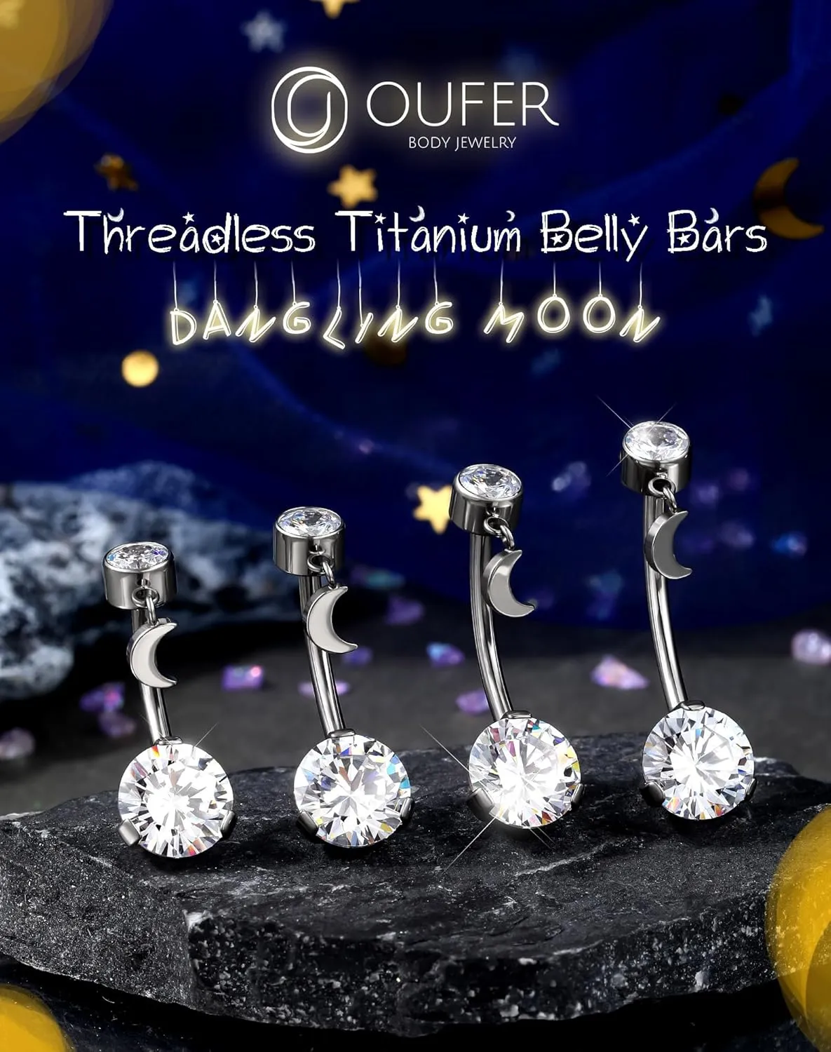 OUFER Belly Button Rings, Threadless Push In Belly Rings For Women, G23 Solid Titanium Dangle Moon Belly Piercing Jewelry, Clear CZ Navel Piercing Jewelry, Long Belly Piercing Jewelry