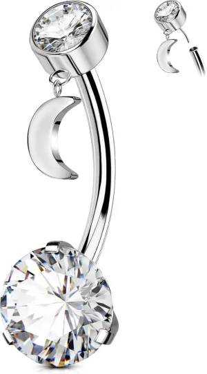 OUFER Belly Button Rings, Threadless Push In Belly Rings For Women, G23 Solid Titanium Dangle Moon Belly Piercing Jewelry, Clear CZ Navel Piercing Jewelry, Long Belly Piercing Jewelry