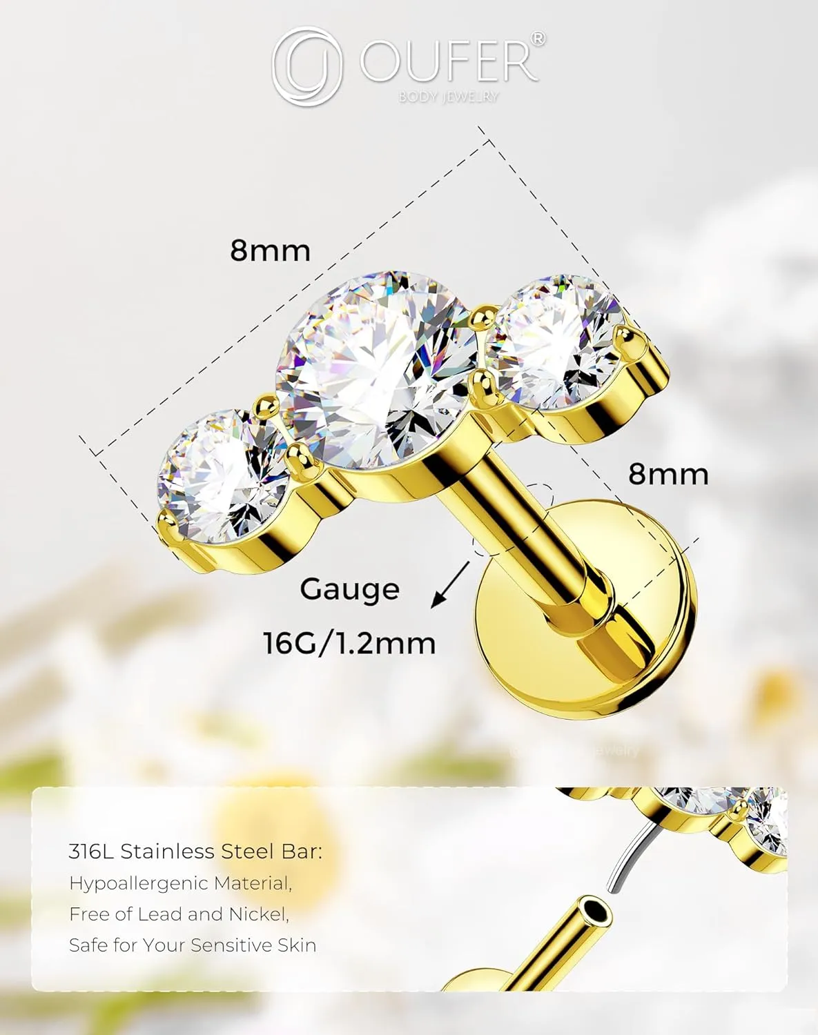 OUFER Cartilage Helix Earring Studs, 316L Stainless Steel 16G Silver Gold Push in Threadless Cartilage Earring Flat Back with CZ, Lip Labret Rings for Women and Men