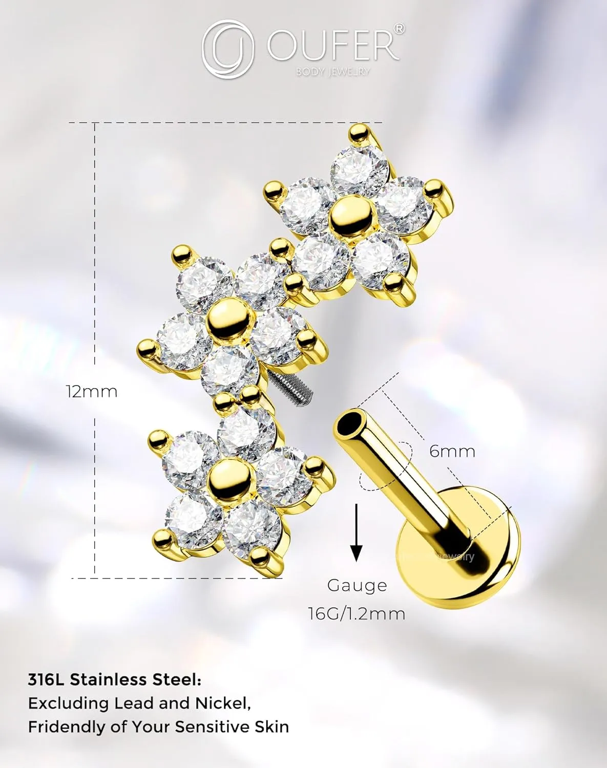 OUFER Helix Earring Stud, Curved Flower Stud Earrings Flat Back 316L Stainless Steel 16G Internally Threaded Cartilage Helix Conch Earrings for Women Men