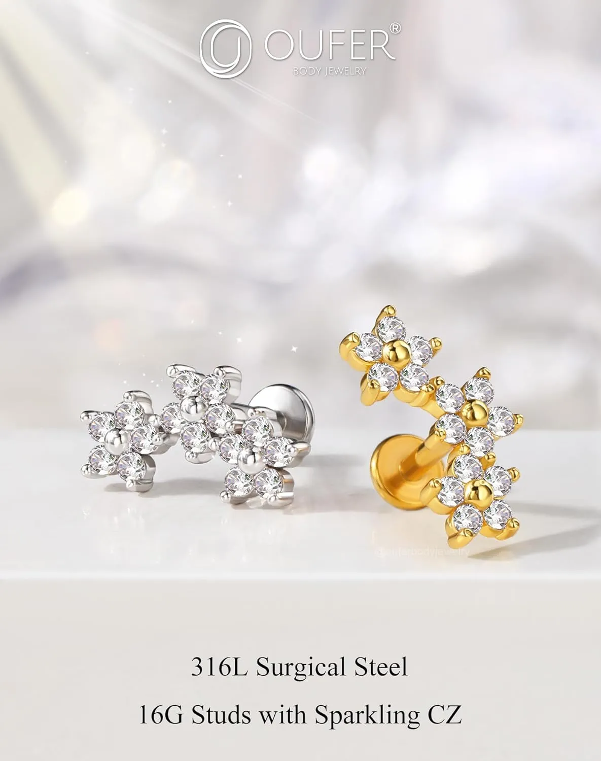 OUFER Helix Earring Stud, Curved Flower Stud Earrings Flat Back 316L Stainless Steel 16G Internally Threaded Cartilage Helix Conch Earrings for Women Men