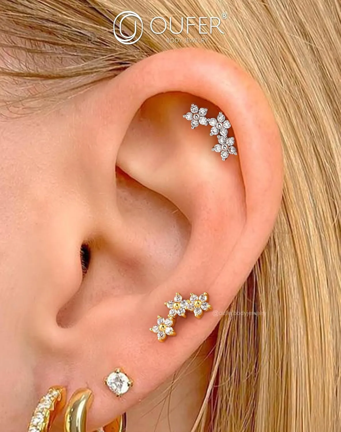 OUFER Helix Earring Stud, Curved Flower Stud Earrings Flat Back 316L Stainless Steel 16G Internally Threaded Cartilage Helix Conch Earrings for Women Men