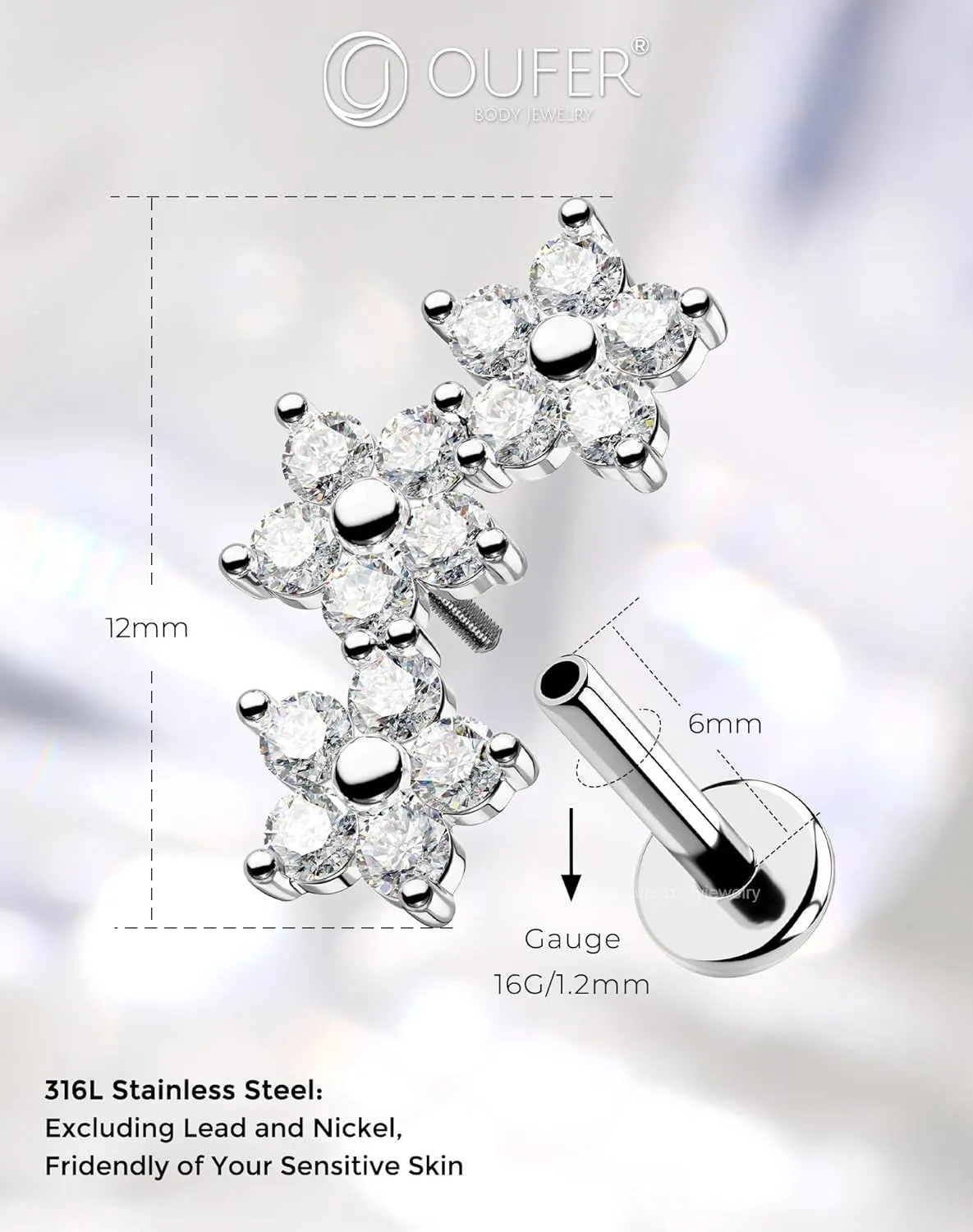 OUFER Helix Earring Stud, Curved Flower Stud Earrings Flat Back 316L Stainless Steel 16G Internally Threaded Cartilage Helix Conch Earrings for Women Men