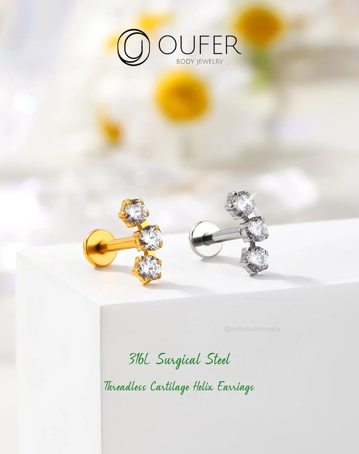OUFER Helix Piercing Jewelry, Fancy Curved Stud Earrings Flat Back 316L Stainless Steel 16G Threadless Cartilage Helix Conch Earrings for Women Men