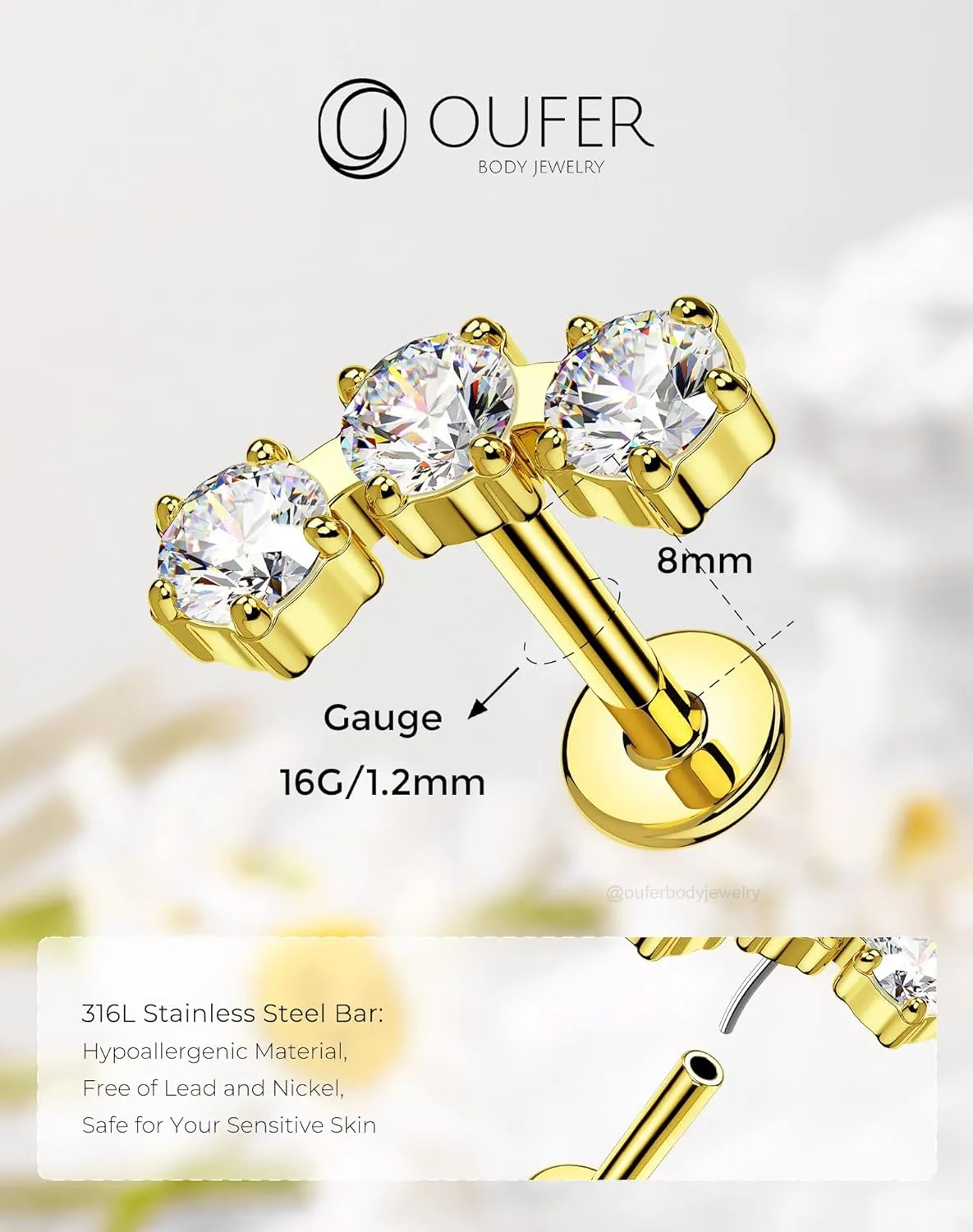 OUFER Helix Piercing Jewelry, Fancy Curved Stud Earrings Flat Back 316L Stainless Steel 16G Threadless Cartilage Helix Conch Earrings for Women Men