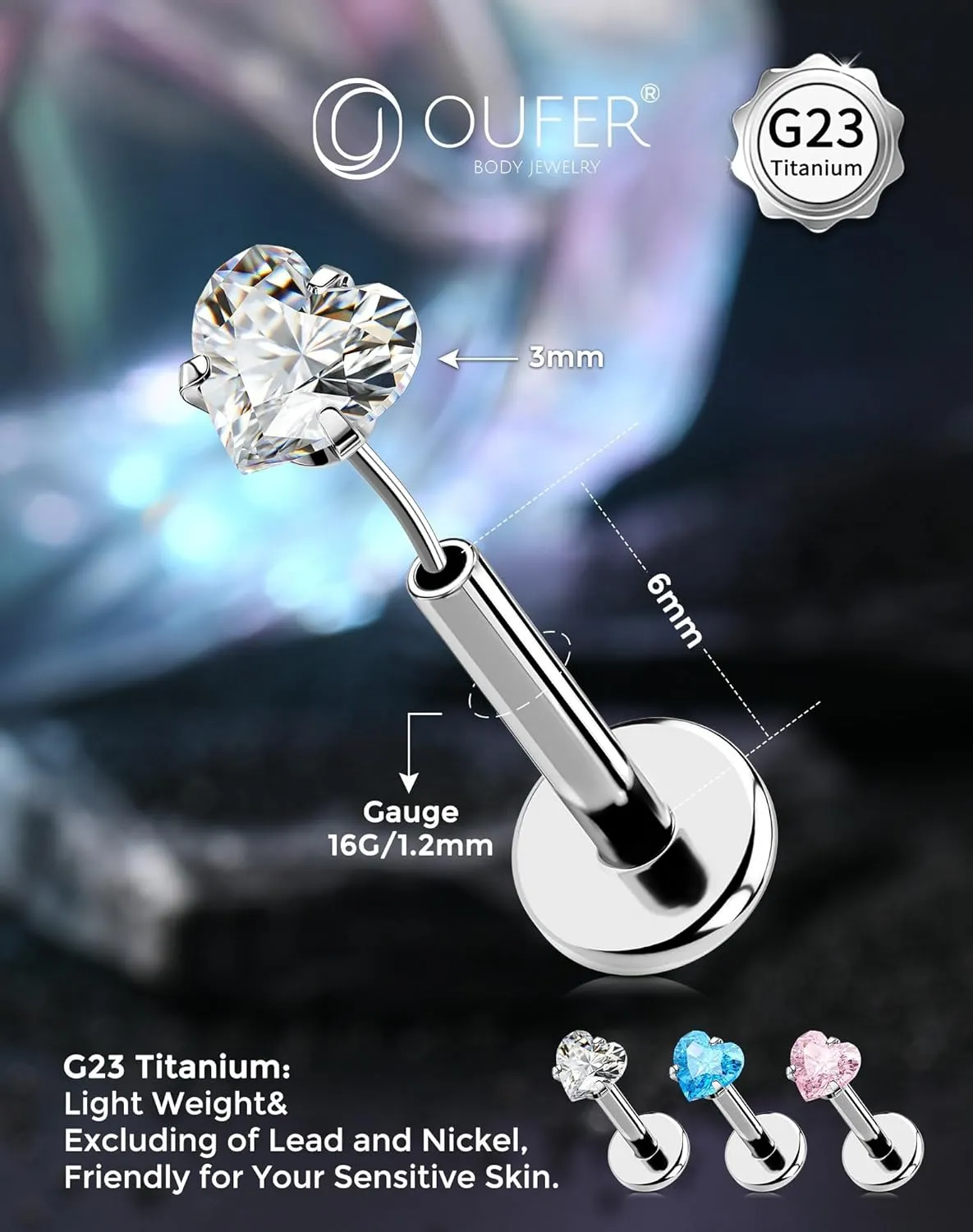 OUFER Helix Piercing Jewelry, Heart Shaped G23 Solid Titanium 16G Cartilage Earrings Flat Back, Cute Tiny CZ Threadless Helix Cartilage Tragus Earrings for Women Men
