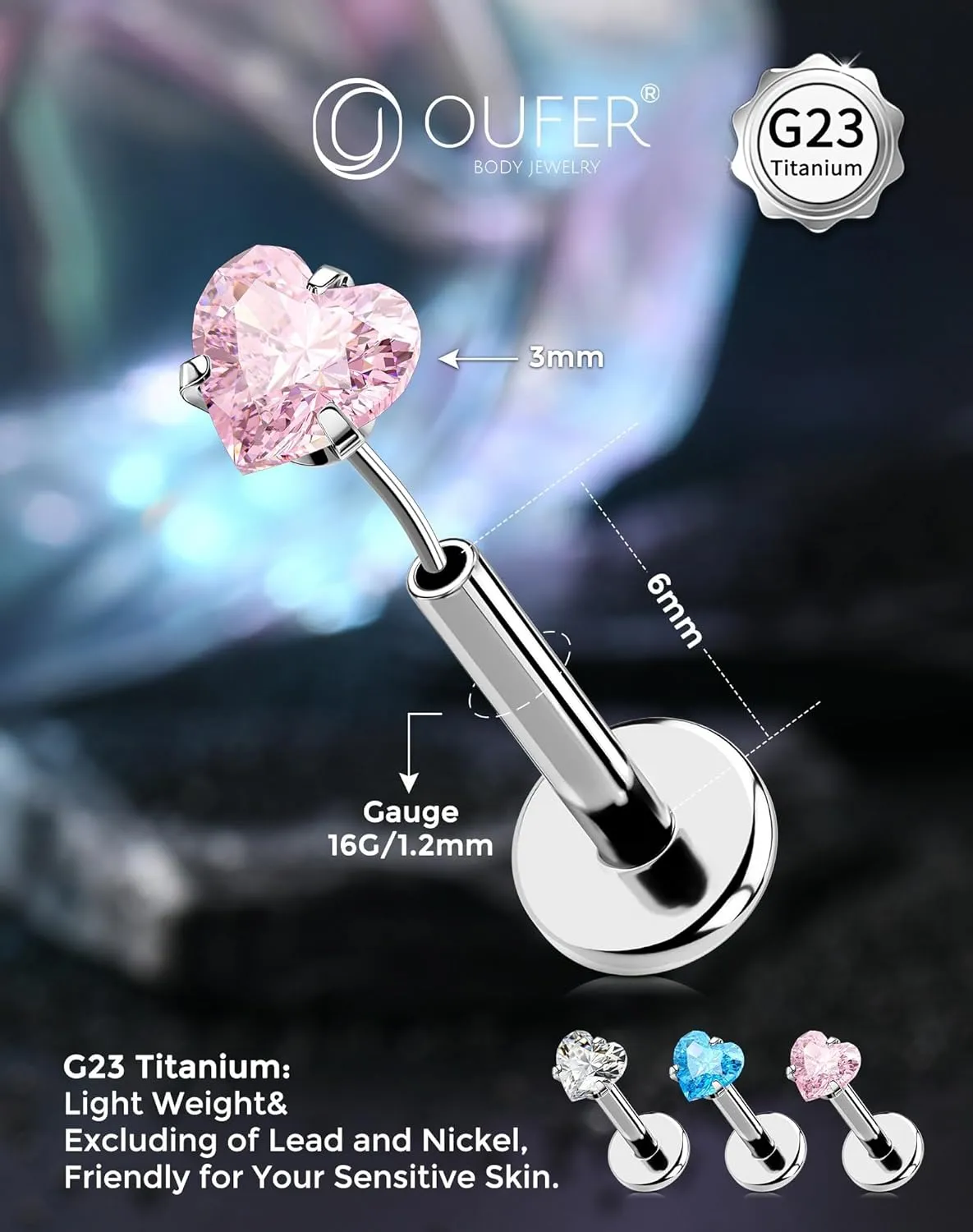OUFER Helix Piercing Jewelry, Heart Shaped G23 Solid Titanium 16G Cartilage Earrings Flat Back, Cute Tiny CZ Threadless Helix Cartilage Tragus Earrings for Women Men