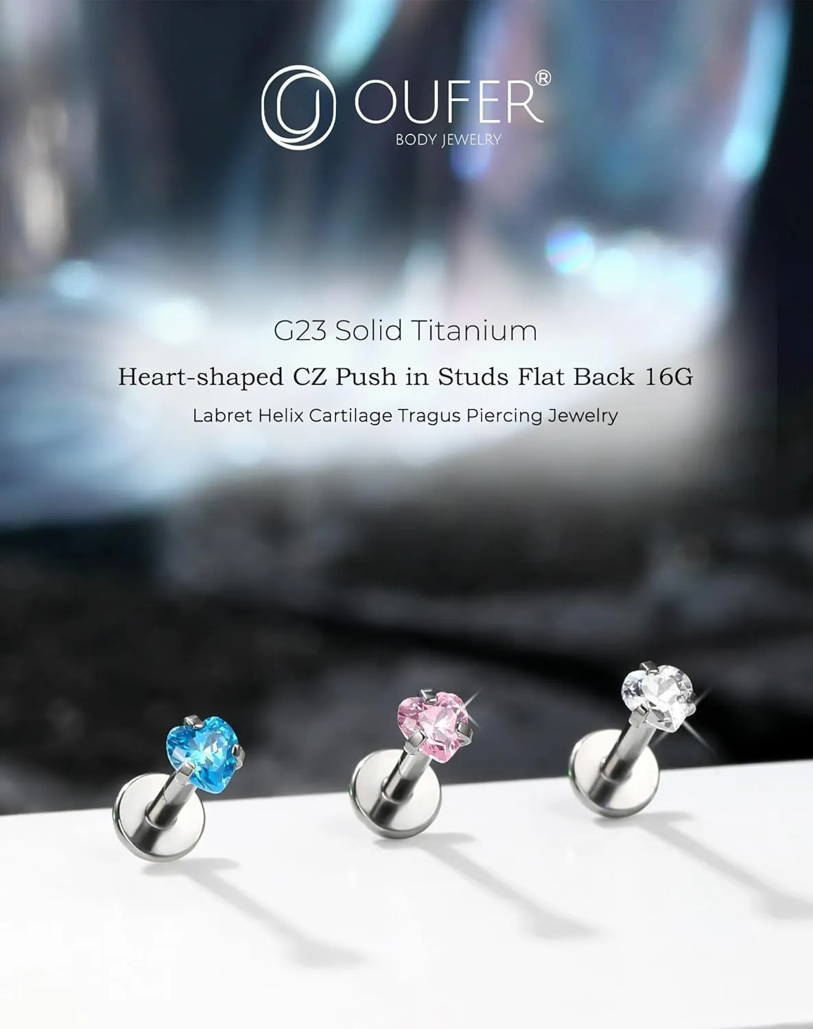 OUFER Helix Piercing Jewelry, Heart Shaped G23 Solid Titanium 16G Cartilage Earrings Flat Back, Cute Tiny CZ Threadless Helix Cartilage Tragus Earrings for Women Men