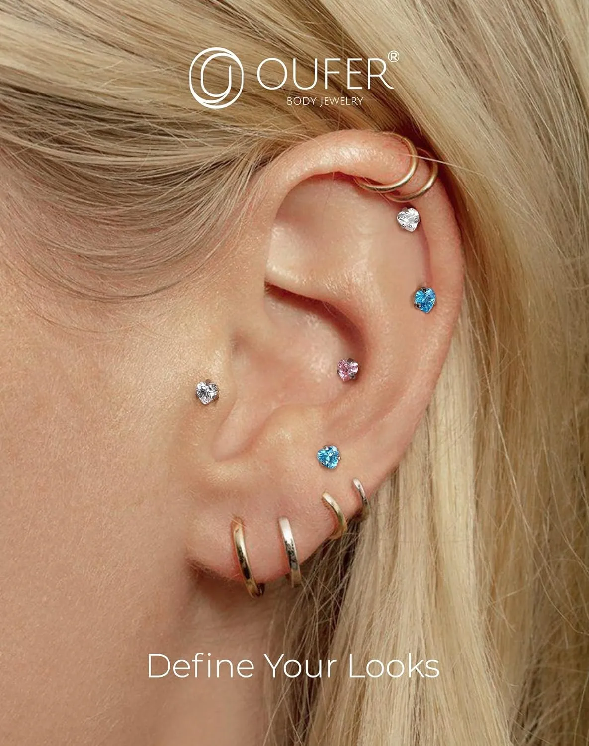 OUFER Helix Piercing Jewelry, Heart Shaped G23 Solid Titanium 16G Cartilage Earrings Flat Back, Cute Tiny CZ Threadless Helix Cartilage Tragus Earrings for Women Men