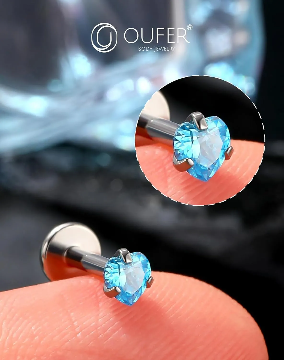 OUFER Helix Piercing Jewelry, Heart Shaped G23 Solid Titanium 16G Cartilage Earrings Flat Back, Cute Tiny CZ Threadless Helix Cartilage Tragus Earrings for Women Men