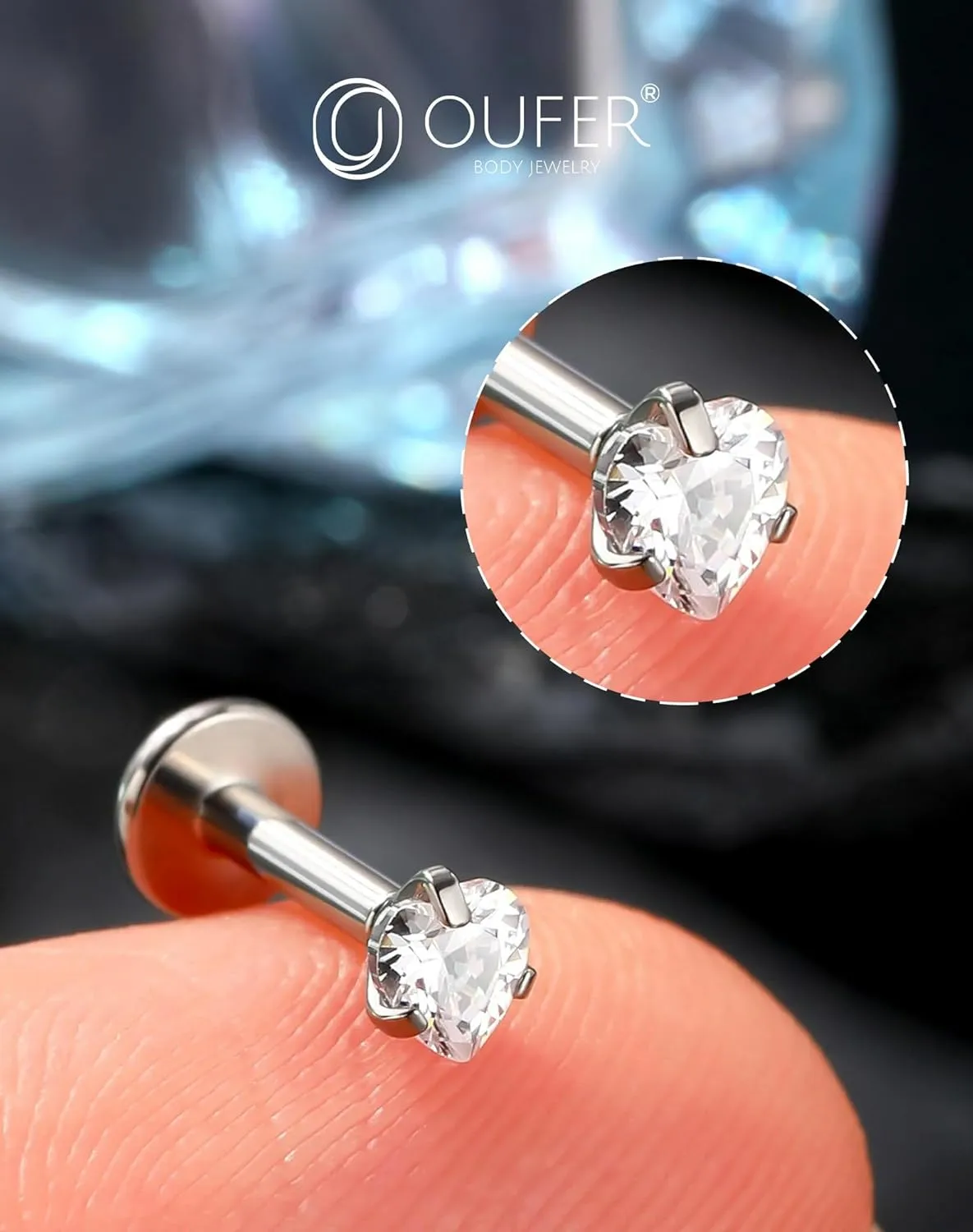 OUFER Helix Piercing Jewelry, Heart Shaped G23 Solid Titanium 16G Cartilage Earrings Flat Back, Cute Tiny CZ Threadless Helix Cartilage Tragus Earrings for Women Men