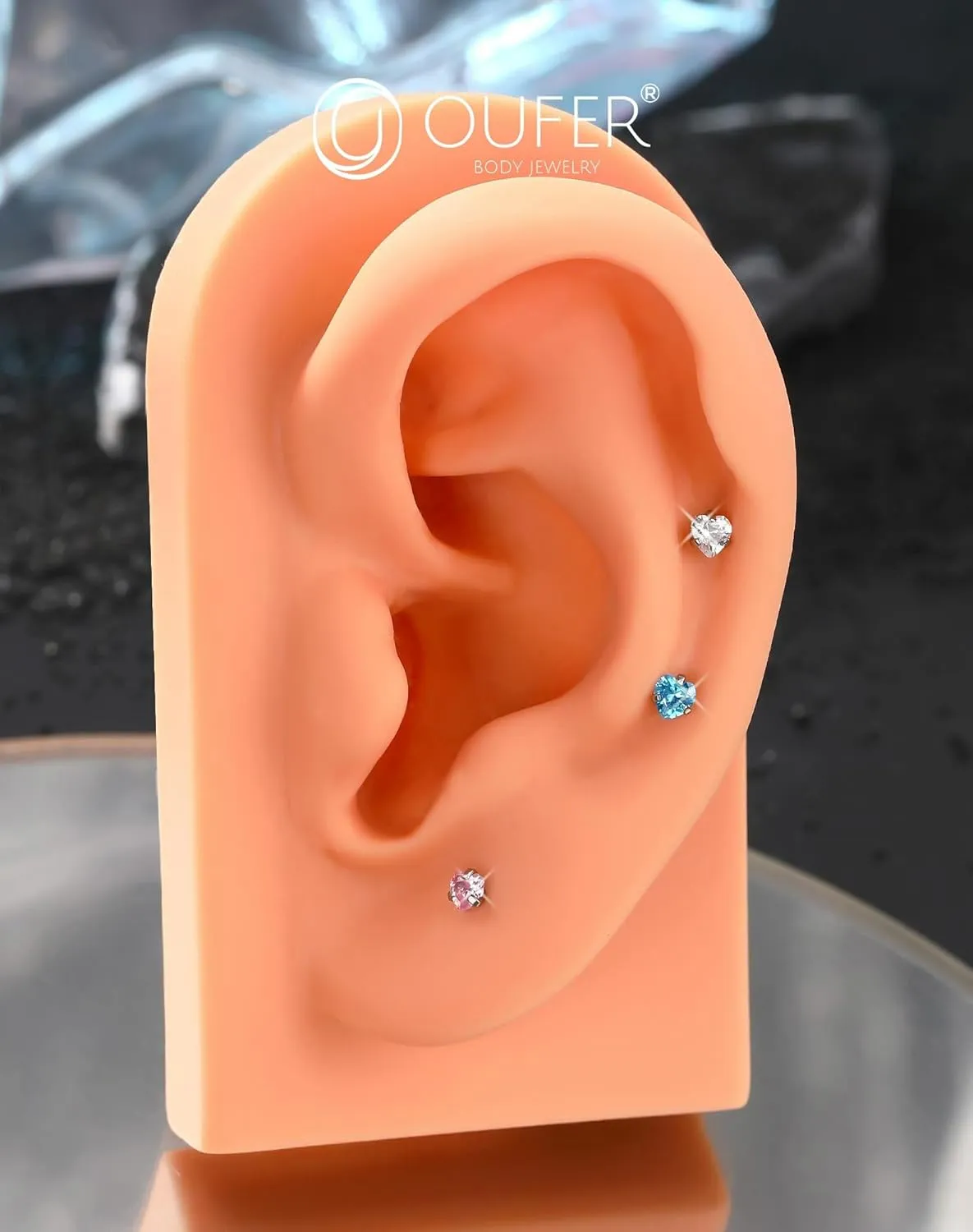 OUFER Helix Piercing Jewelry, Heart Shaped G23 Solid Titanium 16G Cartilage Earrings Flat Back, Cute Tiny CZ Threadless Helix Cartilage Tragus Earrings for Women Men