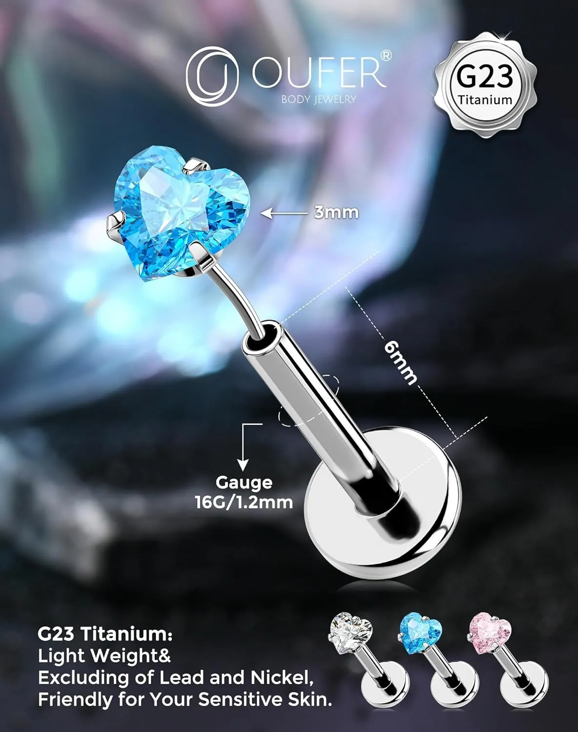 OUFER Helix Piercing Jewelry, Heart Shaped G23 Solid Titanium 16G Cartilage Earrings Flat Back, Cute Tiny CZ Threadless Helix Cartilage Tragus Earrings for Women Men