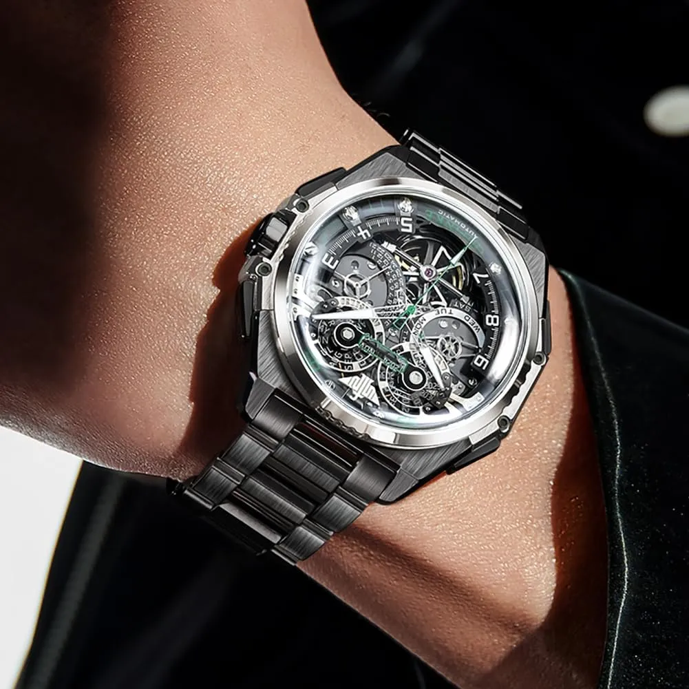 OUPINKE Watch for Men Automatic Wristwatch Sapphire Crystal Calendar Skeleton Luminous 3D Dial with 5ATM Waterproof Luxury Tungsten Steel Strap