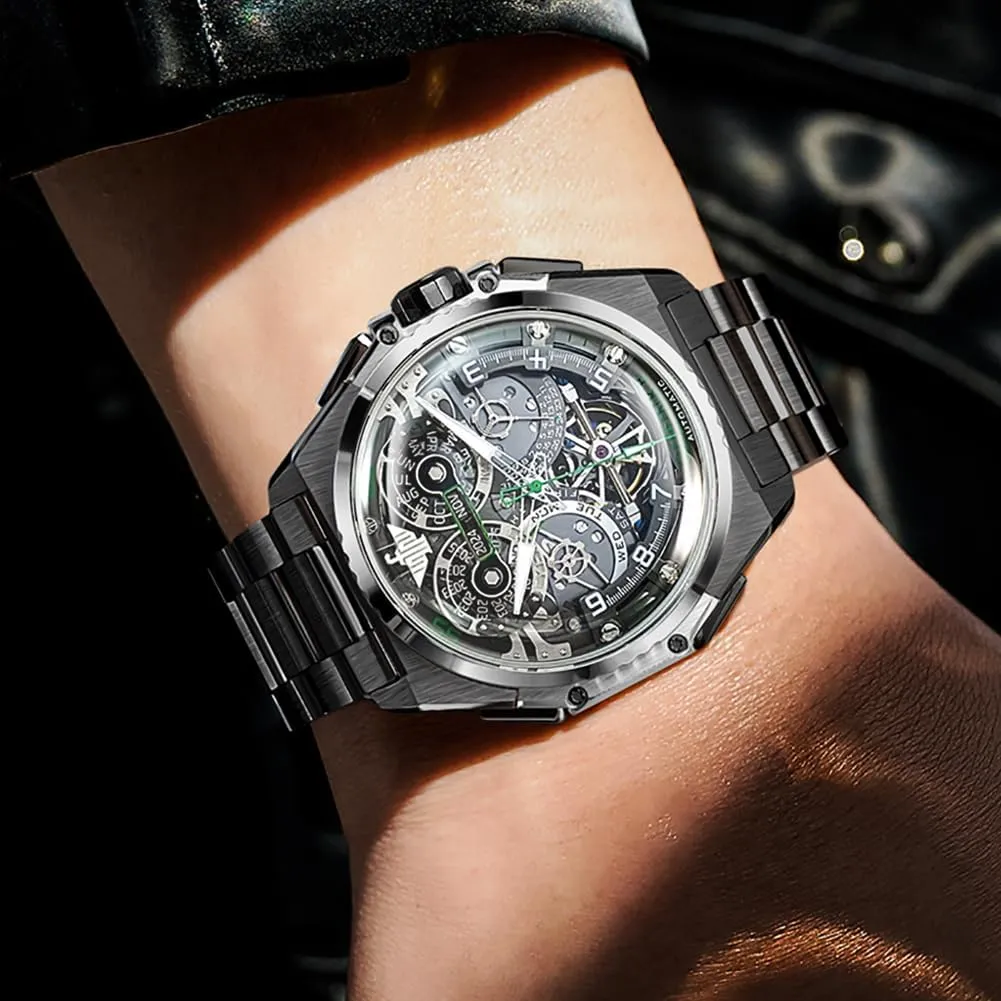 OUPINKE Watch for Men Automatic Wristwatch Sapphire Crystal Calendar Skeleton Luminous 3D Dial with 5ATM Waterproof Luxury Tungsten Steel Strap